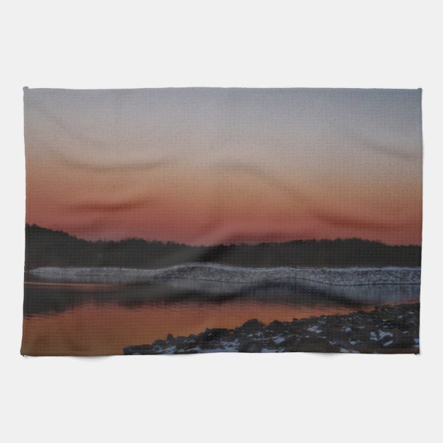 Snowy Sunset at Lake Arrowhead Tea Towel (Horizontal)