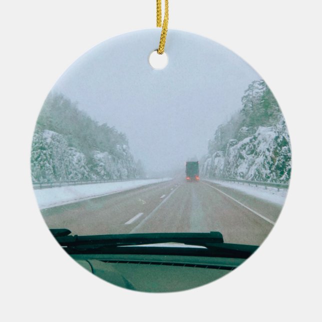 Snowy Swedish Road Trip Ceramic Ornament (Front)