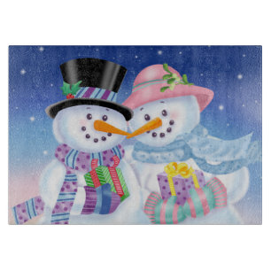 Snowy Sweethearts Glass Cutting Board