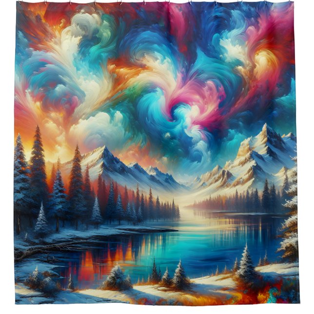 “Snowy Tie-Dye Landscape - Vibrant Winter Art” Shower Curtain (Front)
