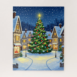 Snowy Town Square with Christmas Tree Jigsaw Puzzle
