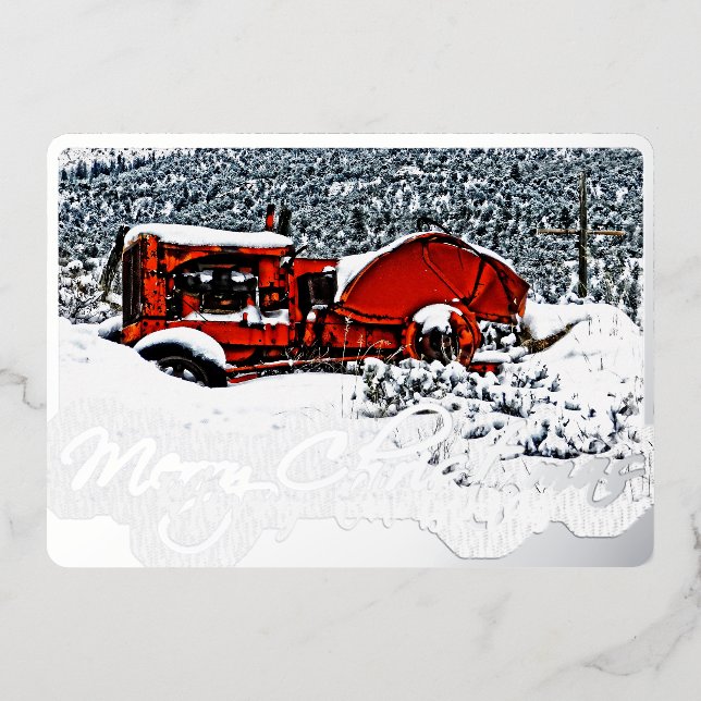 Snowy Tractor Christmas  Foil Holiday Card (Front)