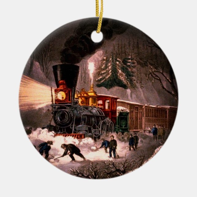 Snowy Train Scene  Ceramic Ornament (Front)