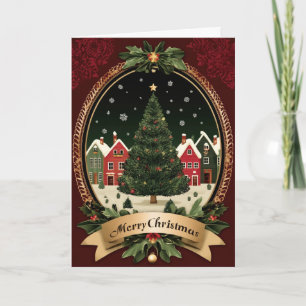 Snowy Tree & Cozy Village Oval Christmas Card