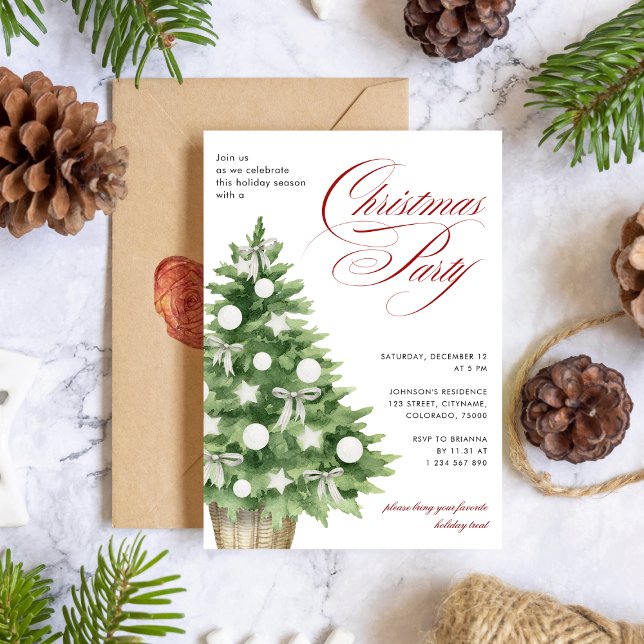 Snowy Tree Modern Elegant Script Christmas Party Invitation (Creator Uploaded)