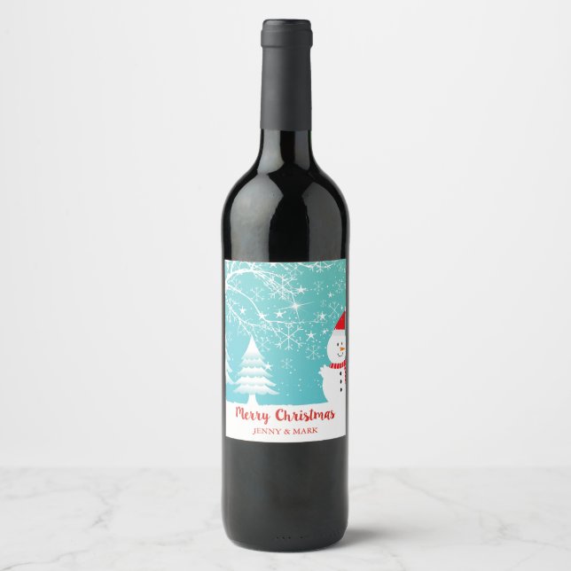 Snowy Trees And Snowman Wine Label (Front)
