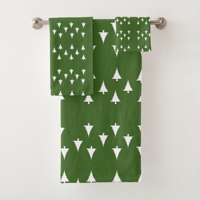 Snowy Trees on Green Poly Cotton  Bath Towel Set (Insitu)
