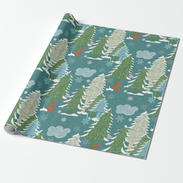 Snowy Trees Red Fox Wrapping Paper (Unrolled)