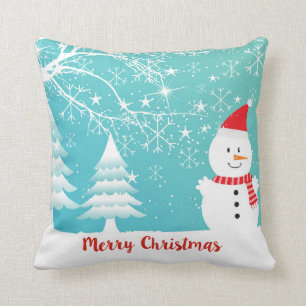 Snowy Trees Snowman And Snowflakes Cushion