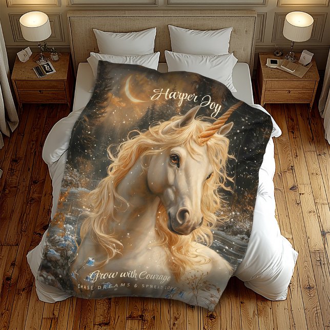 Snowy Unicorn Inspirational Winter Fantasy Fleece Blanket (Creator Uploaded)