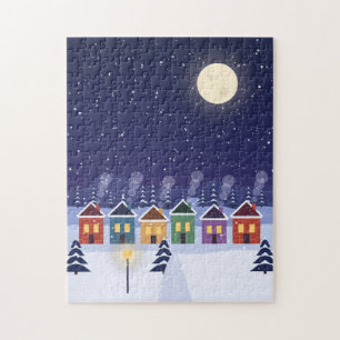 Snowy Village at Night Full Moon Winter Jigsaw Puzzle