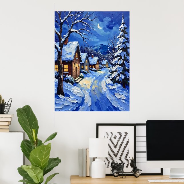 Snowy Village at Night Poster (Home Office)