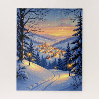 Snowy Village at Sunset with Glowing Street Lamps Jigsaw Puzzle