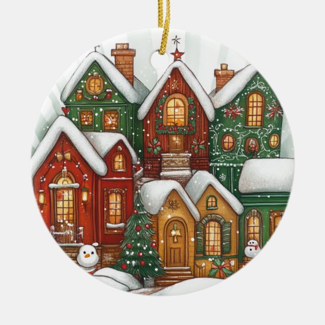 Snowy Village Ceramic Christmas Ornament (Front)