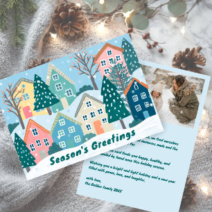 Snowy Village Illustration Cute CUSTOM Photo  Holiday Card