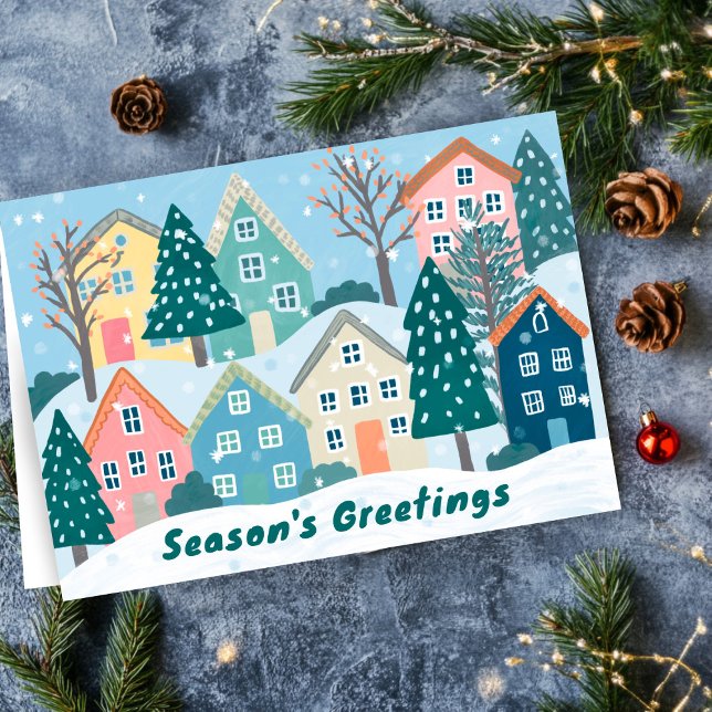 Snowy Village Illustration Cute Season's Greetings Holiday Card (Snowy Village Illustration Cute Season's Greetings Holiday Christmas Card
)