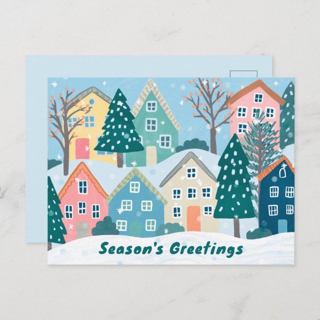 Snowy Village Illustration Cute Season's Greetings Holiday Postcard (Front/Back)