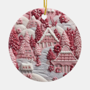 Snowy Village in Blush Tones Ceramic Ornament