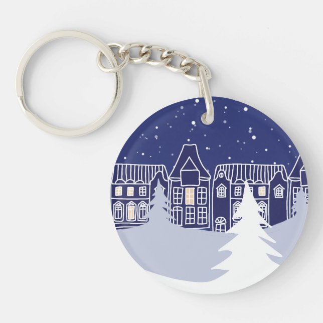 Snowy Village Night Acrylic Keychain (Front)