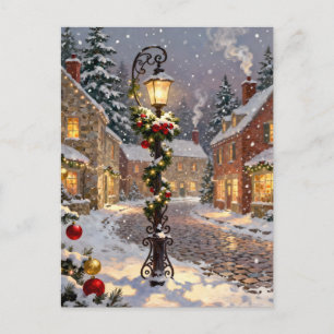 Snowy Village Scene with Lamppost Holiday Postcard