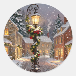 Snowy Village Scene with Lamppost Sticker
