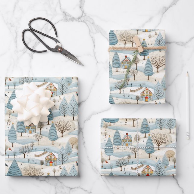 Snowy Village Scene Wrapping Paper Sheet (Front)