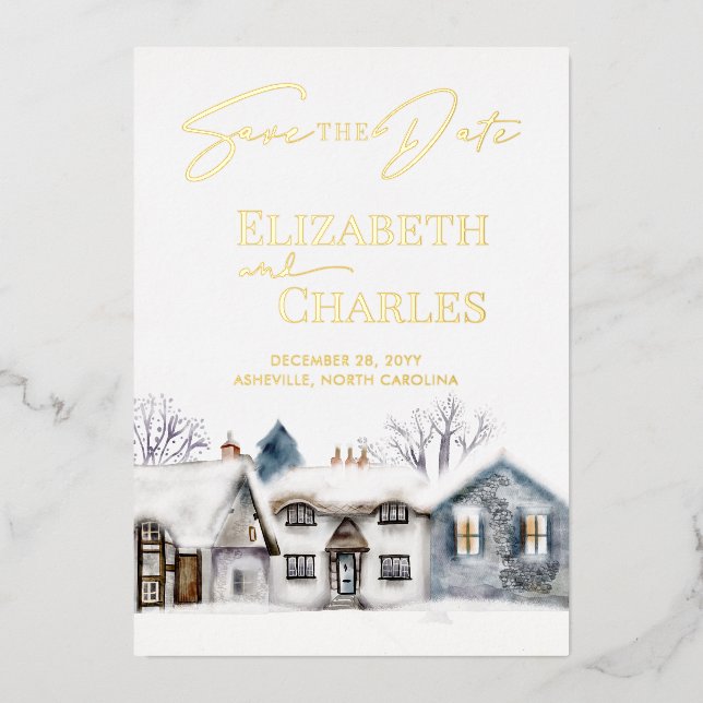 Snowy Village Town Whimsical Wedding Save The Date (Front)
