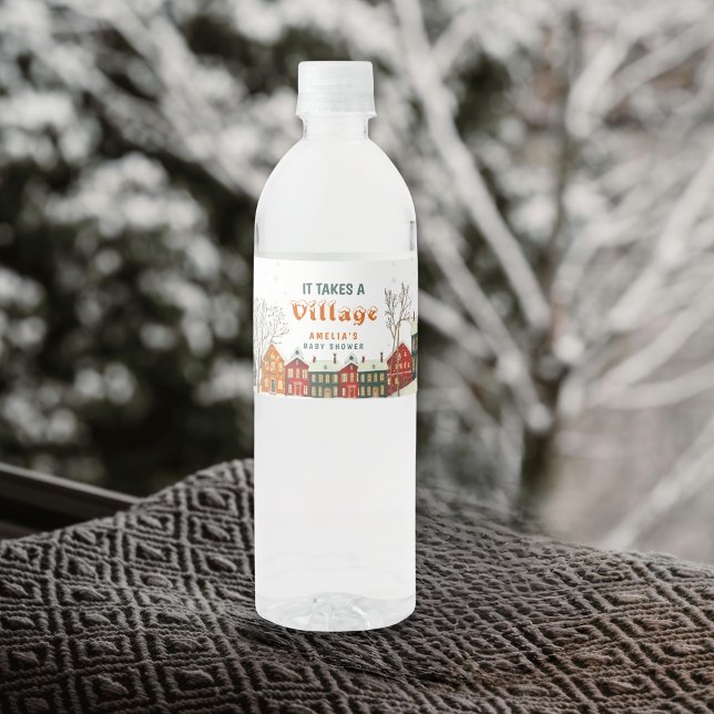 Snowy Village Water Winter Baby Shower Bottle Label (Creator Uploaded)