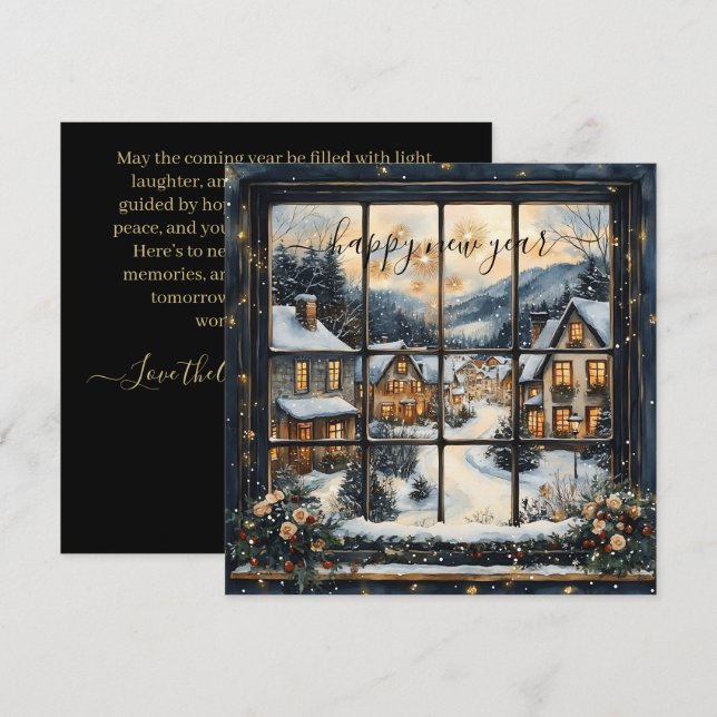 Snowy Village Window Scene with New Year Greeting Holiday Card (Front/Back)
