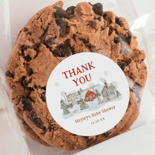 Snowy Village Winter Holiday Thank You Classic Round Sticker