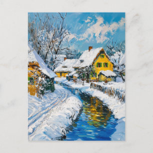Snowy Village with Stream and Trees Fantasy Painti Postcard