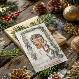 Snowy Vintage Bernese Mountain Dog Watercolor  Holiday Card