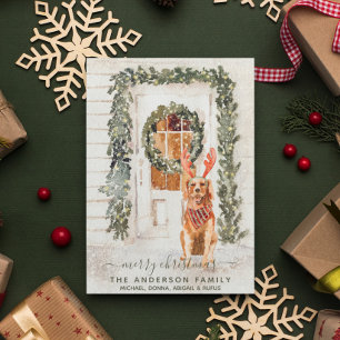 Snowy Vintage Golden Retriever Holiday Watercolor Card