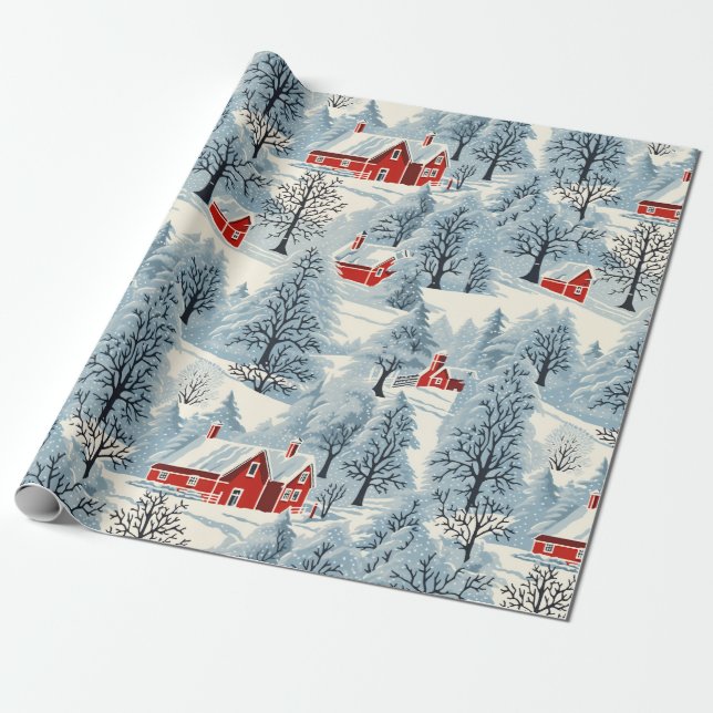 Snowy Vintage Landscape Wrapping Paper (Unrolled)
