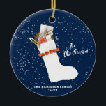 Snowy Vintage Stocking | Christmas Family Photo Ceramic Ornament<br><div class="desc">This Christmas will be a little brighter with this vintage Christmas stocking against a snowy midnight blue background and your favourite photo on the back.  An ideal gift and keepsake for lasting memories.  Check our Vintage Bohemian Christmas collection above for matching holiday items.</div>