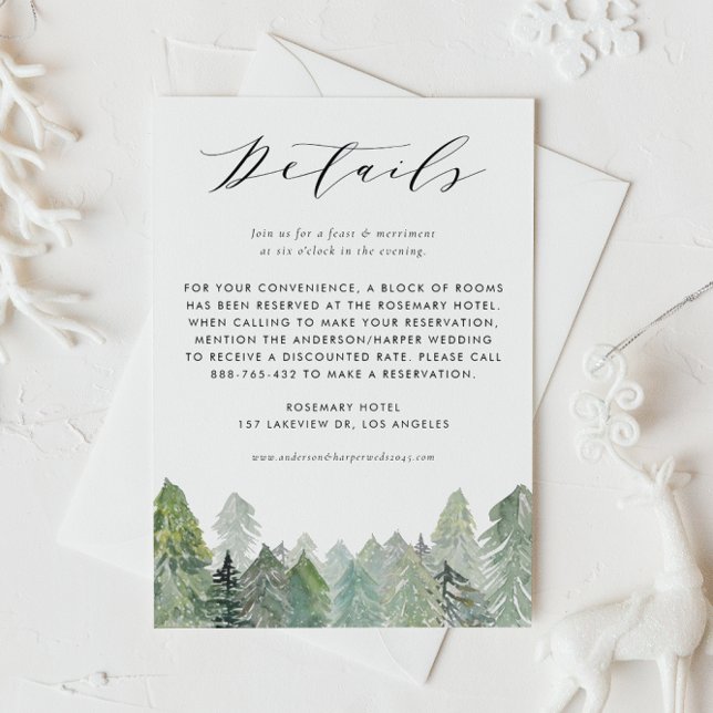 Snowy Watercolor Evergreen Forest Wedding Details Enclosure Card (This snowy evergreen forest details card sets the tone for your winter celebration.)