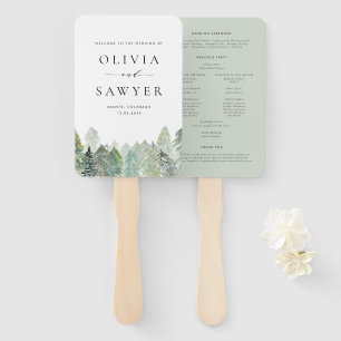 Snowy Watercolor Evergreen Woodland Winter Wedding Hand Fan