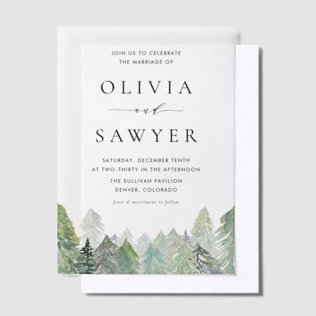 Snowy Watercolor Evergreens Winter Wedding Vellum Invitations (Offset)