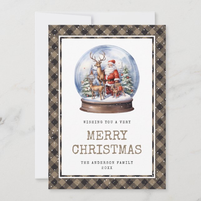 Snowy Watercolor Santa Plaid Merry Christmas Card (Front)
