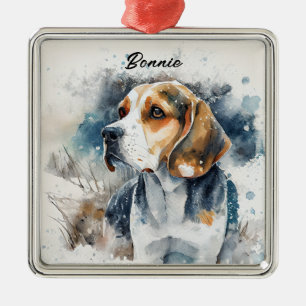 SNOWY WATERCOLOR TRI-COLORED BEAGLE DOG METAL ORNAMENT