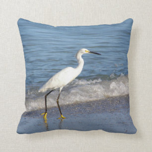 Snowy White Egret in Surf Cushion