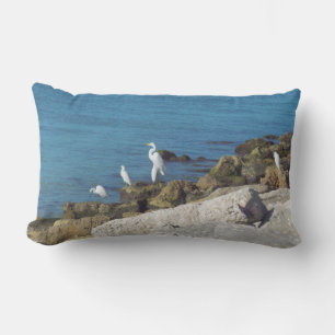 Snowy White Egret in Surf Outdoor Cushion
