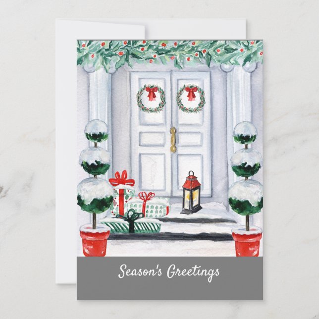 Snowy White House Decorated Door Holiday Card (Front)