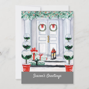 Snowy White House Decorated Door Holiday Card