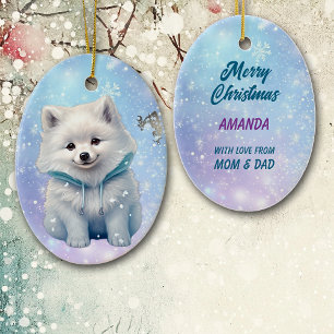 Snowy White Puppy Kids Christmas Ceramic Ornament