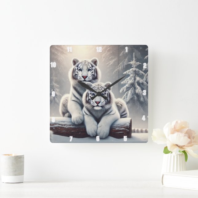Snowy White Tiger Forest Square Wall Clock (Home)