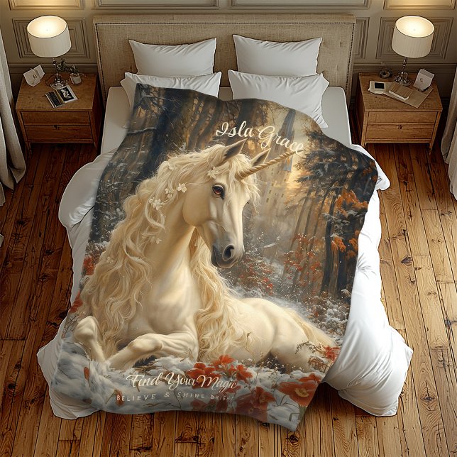 Snowy White Unicorn Winter Fairytale Castle Fleece Blanket (Creator Uploaded)