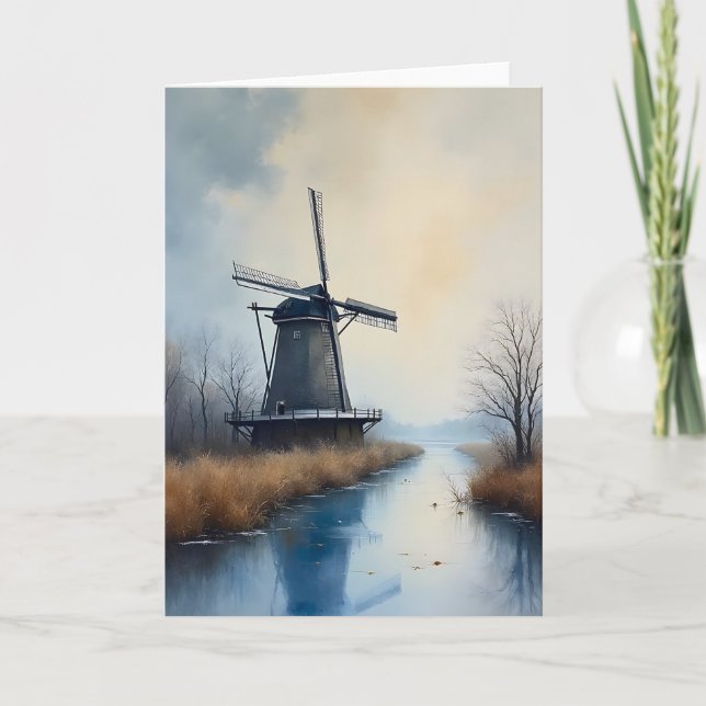 Snowy Windmill by the Frozen Water Blank Greeting Card (Front)