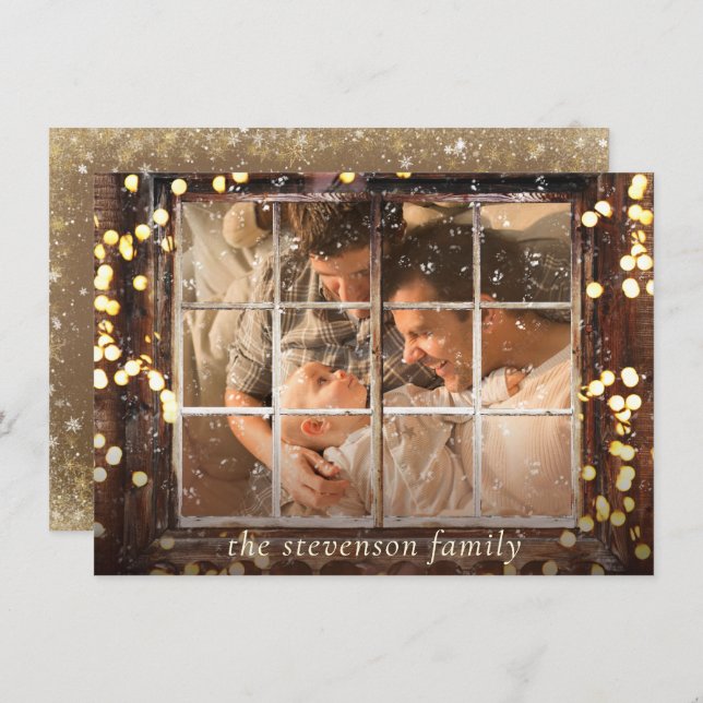 Snowy Window | Gold Bokeh Lights with Wood Photo Holiday Card (Front/Back)
