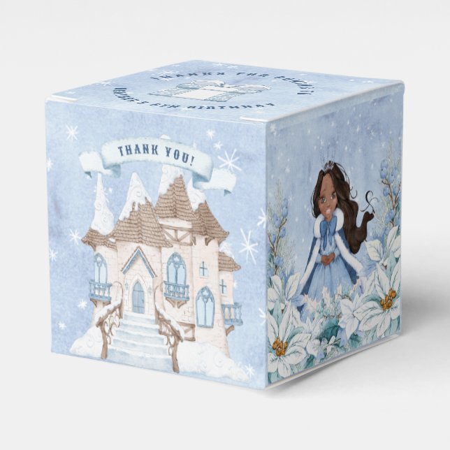 Snowy Winter African American Princess Birthday Favour Box (Front Side)